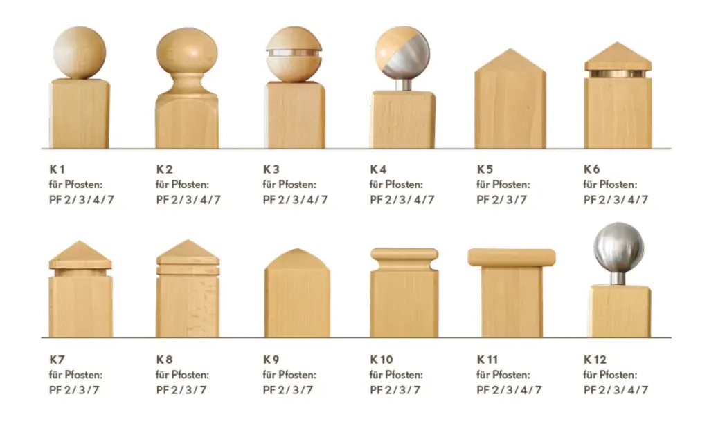 Übersicht verschiedener Holzpfostenköpfe
